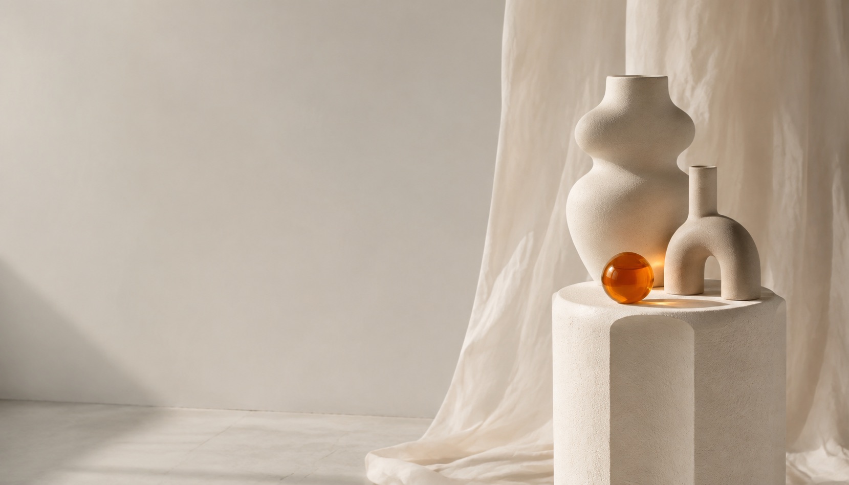AI-generated editorial composition of pale ceramics and an orange glass sphere, arranged to the right of a quiet studio backdrop.