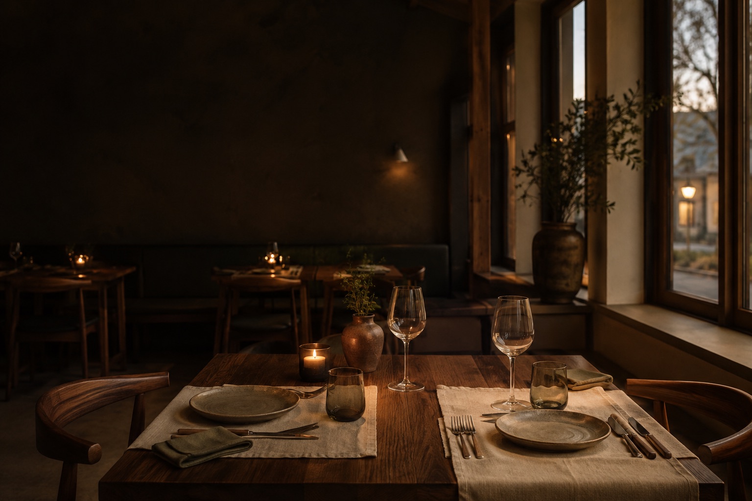 An imagined candlelit dining room with walnut tables and warm evening light