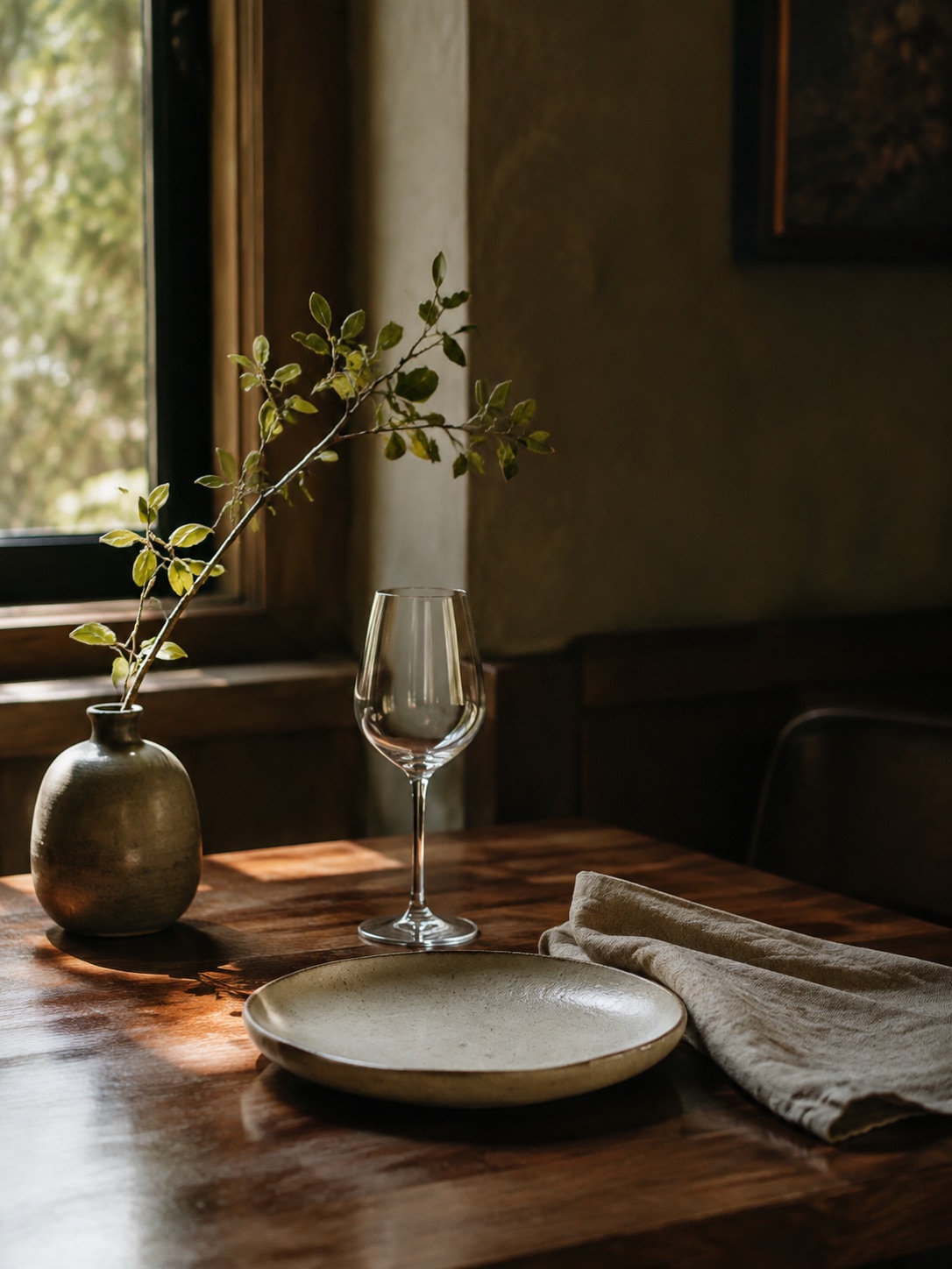 An imagined table setting with linen, a ceramic vase and afternoon light