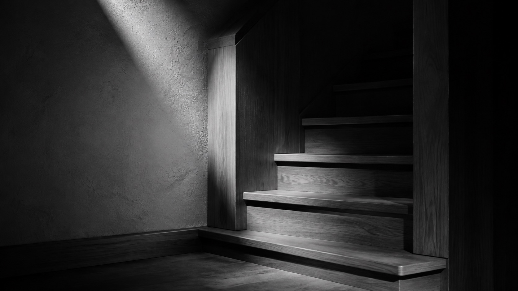 AI-generated timber staircase and textured plaster in directional light, in black and white.