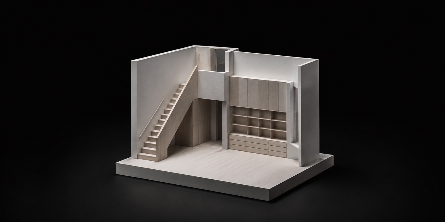 AI-generated physical architectural model with a timber staircase and fitted cabinetry, lit against a dark background.